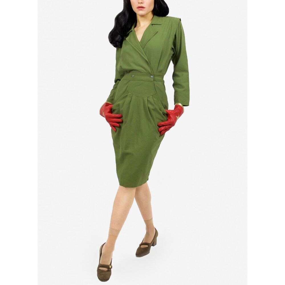 Military Green Wiggle Dress‎ Long Sleeve Pinup 40s 50s Pencil Rockabilly Small